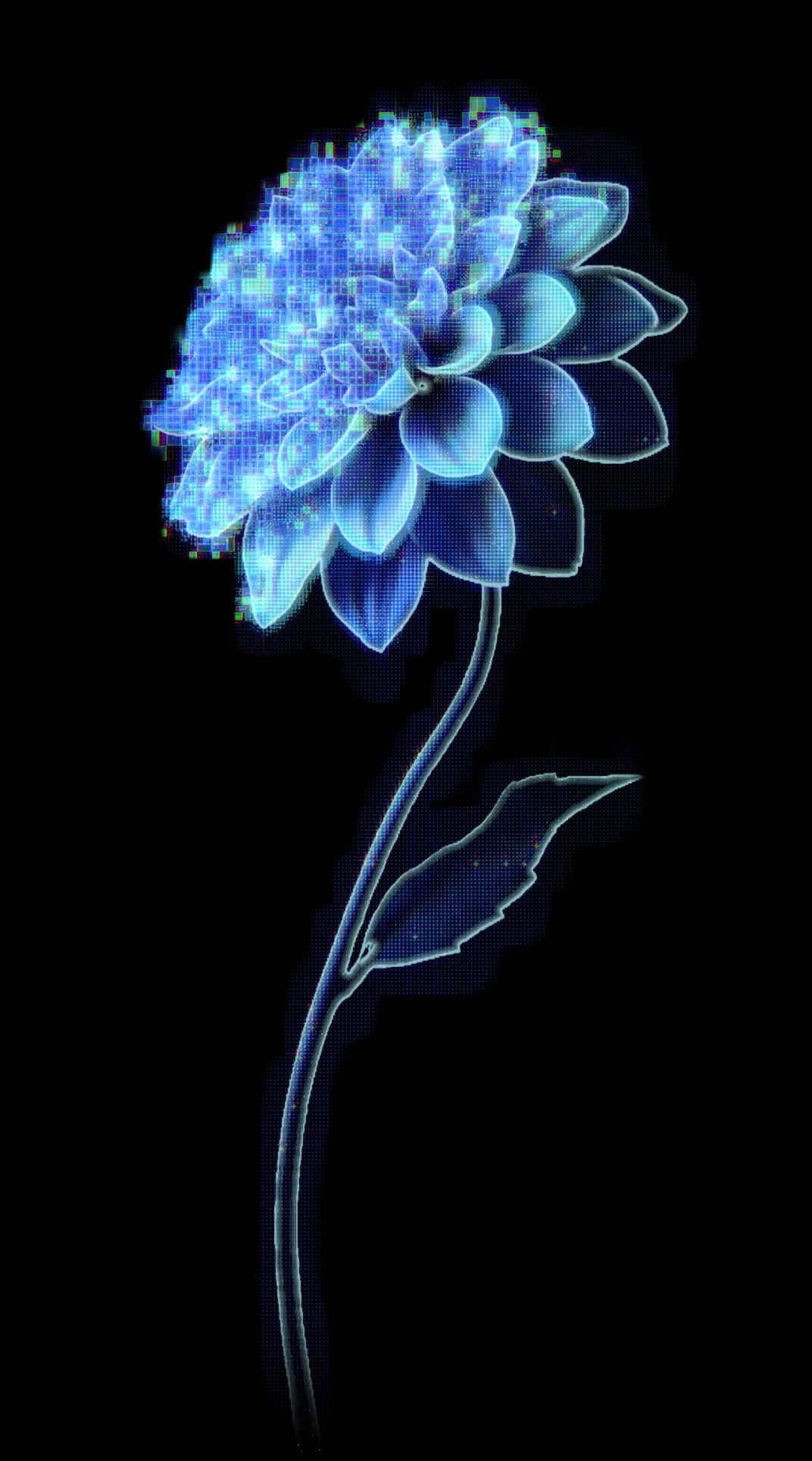 A dahlia in full bloom, drawn in blue and cyan dots and small bricks of light on black.